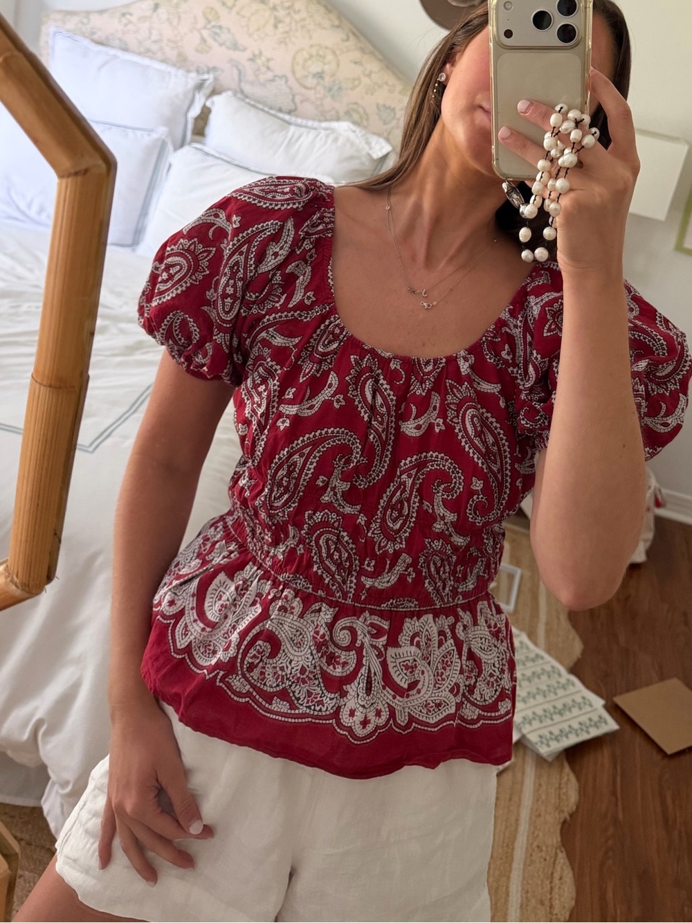 Sea New York Red Paisley Bandana Print Puff-Sleeve Top